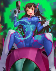 Rule 34 | 1girl, alternate eye color, animal print, armor, bodysuit, boots, bracer, breasts, breasts apart, brown hair, charm (object), covered navel, cowboy shot, d.va (overwatch), facepaint, facial mark, gaoyang ou nisang, gloves, gun, hand up, handgun, headphones, highres, holding, holding gun, holding weapon, hologram, holographic interface, large breasts, lips, long hair, long sleeves, mecha, meka (overwatch), open mouth, overwatch, overwatch 1, pauldrons, pilot suit, pink lips, rabbit print, ribbed bodysuit, robot, shoulder armor, shoulder pads, sitting, skin tight, smile, solo, spread legs, teeth, thigh boots, thigh strap, thighhighs, turtleneck, weapon, whisker markings, white footwear, white gloves, yellow eyes
