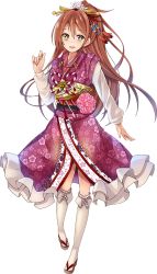 Rule 34 | 1girl, brown hair, full body, hair between eyes, hair ornament, iwamura (oshiro project), japanese clothes, kimono, kneehighs, looking at viewer, official art, oshiro project:re, oshiro project:re, ponytail, purple kimono, sandals, smile, socks, solo, taicho128, transparent background, white socks, yellow eyes