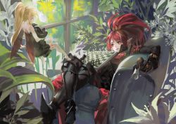 Rule 34 | 2girls, alcd, armor, armored boots, blonde hair, board game, boots, chain, chess, chess piece, chessboard, couch, dress, earrings, fairy, fairy wings, highres, jewelry, crossed legs, long hair, multiple girls, open mouth, pixiv fantasia, pixiv fantasia fallen kings, pointy ears, ponytail, red hair, sitting, smile, thighhighs, wings, yellow eyes