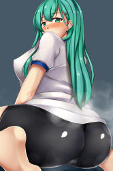Rule 34 | 1girl, alternate costume, aqua eyes, aqua hair, ass, bad id, bad pixiv id, black pants, bloomers, blouse, blush, breasts, butt crack, cameltoe, covered mouth, embarrassed, from behind, from side, grey background, gym uniform, hair between eyes, hair ornament, hairclip, highres, kantai collection, large breasts, long hair, looking at viewer, looking back, nose blush, pants, shirt, simple background, sitting, skin tight, smell, solo, spread legs, steam, steaming body, straight hair, suzuya (kancolle), terakoya, underwear, white shirt, wide hips