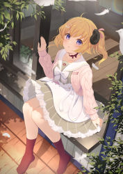 Rule 34 | 1girl, :o, ahoge, animal ears, apron, blonde hair, bow, breasts, collarbone, commentary request, curled horns, dress, feathers, frilled dress, frills, grey dress, hair ornament, hairclip, hand up, highres, hololive, horns, jacket, long sleeves, looking at viewer, medium breasts, no shoes, open clothes, open jacket, open window, parted lips, puffy long sleeves, puffy sleeves, red socks, sailor collar, sailor dress, sheep ears, sheep girl, sheep horns, side ponytail, sitting, sitting in window, sleeves past wrists, socks, solo, striped clothes, striped dress, tsunomaki watame, tsunomaki watame (street casual), vertical-striped clothes, vertical-striped dress, virtual youtuber, waist apron, white apron, white bow, white feathers, white sailor collar, window, yoshino ryou