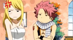 Rule 34 | 1boy, 1girl, animated, animated gif, blonde hair, fairy tail, lowres, lucy heartfilia, natsu dragneel, pink hair, towel