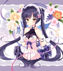 Rule 34 | 1girl, animal, animal on hand, bare shoulders, black hair, black skirt, blush, breasts, brown flower, bug, butterfly, butterfly on hand, collarbone, commentary request, dress, flower, gloves, highres, insect, long hair, looking at viewer, medium breasts, nanohana kohina, original, parted lips, pink flower, pleated dress, pleated skirt, rose, skirt, solo, twintails, very long hair, white dress, white flower, white gloves, white rose, yellow eyes, yellow flower, yellow rose