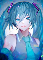 Rule 34 | 1girl, blue eyes, blue hair, blue necktie, close-up, commentary, hatsune miku, headset, highres, light smile, looking at viewer, necktie, shion (reira), solo, twintails, vocaloid