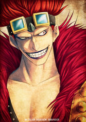 Rule 34 | 1boy, dated, eustass kid, fur jacket, goggles, goggles on head, grin, jacket, k-suwabe, male focus, one piece, open clothes, open jacket, pectoral cleavage, pectorals, red eyes, red hair, topless male, smile, solo, teeth