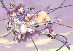 Rule 34 | 2girls, armor, armored dress, ass, atlus, bloomers, boots, breasts, chain, crown, dual persona, earrings, gauntlets, gradriel, gradriel de valendia, highres, jewelry, knee boots, large breasts, multiple girls, princess crown, purple background, purple eyes, purple hair, purple theme, revealing clothes, sabadri, small breasts, torn clothes, uguisu kagura, white bloomers