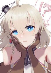 Rule 34 | !?, 1girl, absurdres, ahoge, anchor choker, azur lane, bare shoulders, blonde hair, blue eyes, blush, braid, brown capelet, brown gloves, capelet, commentary request, gloves, hair between eyes, halterneck, hands on own cheeks, hands on own face, highres, looking at viewer, oklahoma (azur lane), open mouth, partial commentary, portrait, rakuza (ziware30), retrofit (azur lane), short hair, side braid, sidelocks, simple background, solo, spoken interrobang, white background