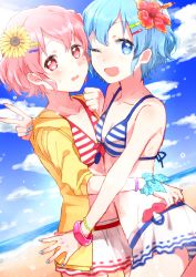 Rule 34 | 1boy, 1girl, ;d, bad id, bad pixiv id, bikini, bikini skirt, blue eyes, blue hair, bracelet, brother and sister, day, dorothy west, flower, hair flower, hair ornament, hairclip, hibiscus, highres, jewelry, mgmgkyun, mole, mole under eye, multiple girls, nail polish, one eye closed, open mouth, pink eyes, pink hair, pretty series, pripara, reona west, short hair, siblings, smile, striped bikini, striped clothes, sunflower, swimsuit, trap, twins, v, wavy mouth