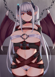 Rule 34 | 1girl, breasts, broken horn, chain, cleavage, collar, collarbone, cowboy shot, demon girl, demon horns, demon wings, eyepatch, glint, gloves, highres, horns, irohara, large breasts, long hair, looking at viewer, navel, o-ring, o-ring top, orange eyes, original, panties, pointy ears, red gloves, restrained, revealing clothes, sidelocks, silver hair, skindentation, solo, standing, stomach, twintails, underwear, very long hair, white panties, wings