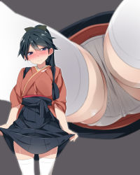 Rule 34 | 1girl, black hair, black skirt, blush, clothes lift, commentary request, embarrassed, from below, grey background, hair between eyes, hakama, hakama short skirt, hakama skirt, head tilt, high-waist skirt, highres, houshou (kancolle), japanese clothes, kantai collection, lifted by self, looking at viewer, mtu (orewamuzituda), multiple tails, panties, pantyshot, simple background, skirt, skirt lift, sleeves rolled up, standing, tail, thighhighs, underwear, white panties, white thighhighs
