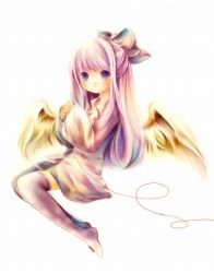Rule 34 | 1girl, angel, angel wings, blue eyes, blush, bow, dress, female focus, full body, hair bow, hair ornament, long hair, original, simple background, sitting, smile, solo, string, string of fate, thighhighs, white background, white hair, wings, yukise miyu, zettai ryouiki