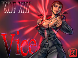 Rule 34 | 1girl, breasts, brown hair, cleavage, copyright name, dark-skinned female, dark skin, earrings, formal, jacket, jewelry, king of fighters xiii, large breasts, lipstick, makeup, nail polish, nikuji-kun, no bra, open clothes, open jacket, pant suit, pants, popped collar, red eyes, short hair, snk, solo, suit, the king of fighters, the king of fighters xiii, vice (kof)