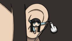 Rule 34 | 1girl, 1other, black hair, blue eyes, blue jacket, blunt bangs, close-up, ear focus, earphones, fuchina (fucinami), funo-chan (fuchina), highres, holding, holding earphones, jacket, long hair, long sleeves, looking at viewer, mini person, minigirl, open mouth, original, single earphone removed, smile, solid eyes