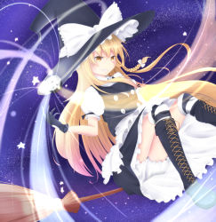 Rule 34 | 1girl, apron, blonde hair, bloomers, boots, bow, braid, broom, broom riding, cross-laced footwear, gloves, glowing, grin, hair bow, hat, hat ribbon, highres, kirisame marisa, knee boots, light trail, long hair, mini-hakkero, over-kneehighs, puffy short sleeves, puffy sleeves, ribbon, shirua (s4-42424), short sleeves, single braid, skirt, skirt set, sky, smile, solo, star (sky), star (symbol), starry sky, striped clothes, striped thighhighs, thighhighs, touhou, underwear, waist apron, witch hat, yellow eyes