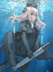Rule 34 | 10s, 1girl, black pantyhose, blonde hair, blue eyes, bubble, cropped jacket, dress, garrison cap, hair ornament, hat, kantai collection, long hair, long sleeves, military, military uniform, pantyhose, puffy sleeves, solo, torpedo, u-511 (kancolle), underwater, uniform, water, xiao qiang (overseas)