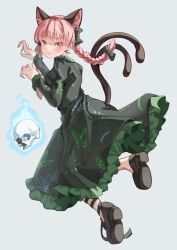 Rule 34 | 1girl, absurdres, animal ears, black footwear, black nails, braid, cat ears, cat tail, dress, fingernails, full body, green dress, grey background, highres, juliet sleeves, kaenbyou rin, long fingernails, long hair, long sleeves, mahoro (minase mahoro), multiple tails, nail polish, puffy sleeves, red eyes, red hair, sharp fingernails, shoes, simple background, skull, solo, tail, touhou, twin braids, two tails