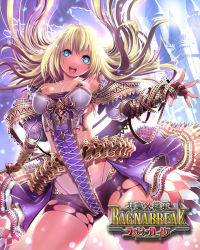 Rule 34 | 1girl, aqua eyes, blonde hair, breasts, building, character request, cowboy shot, fingerless gloves, floating hair, gloves, gougasha akira, large breasts, looking at viewer, official art, open mouth, purple gloves, shinma x keishou! ragnabreak, smile, solo