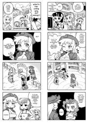 Rule 34 | 4koma, 5girls, animal ears, applejack, book, breasts, cleavage, comic, computer, cowboy hat, crossed arms, cup, drink, english text, fence, fluttershy, greyscale, hat, horns, keyboard (computer), large breasts, library, midriff, monochrome, mug, multiple 4koma, multiple girls, my little pony, my little pony: friendship is magic, personification, pinkie pie, rainbow dash, shepherd0821, single horn, sweatdrop, tail, twilight sparkle, wings