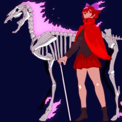 Rule 34 | 1girl, 8tan, bad id, bad tumblr id, boots, cane, cape, clenched teeth, full body, hair ornament, hair ribbon, highres, horse, long sleeves, looking at viewer, miniskirt, red eyes, red hair, ribbon, sekibanki, shirt, short hair, simple background, skeleton, skirt, solo, teeth, touhou