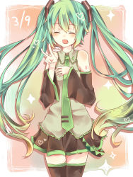 Rule 34 | 1girl, bad id, bad pixiv id, dated, detached sleeves, closed eyes, green hair, hatoichi reno, hatsune miku, headset, highres, long hair, necktie, open mouth, renge (2798537), skirt, solo, thighhighs, twintails, v, very long hair, vocaloid