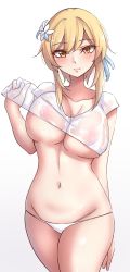 Rule 34 | 1girl, absurdres, blonde hair, breasts, collarbone, genshin impact, hair ornament, highres, large breasts, looking at viewer, lumine (genshin impact), mistynight, navel, panties, shirt, short hair, simple background, solo, underwear, wet, wet clothes, wet shirt, white background, yellow eyes