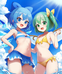 Rule 34 | 2girls, bare arms, bare legs, bare shoulders, bikini, blue bikini, blue bow, blue eyes, blue hair, blush, bow, breasts, cirno, collarbone, daiyousei, day, detached wings, fairy, fairy wings, green eyes, green hair, hair bow, highres, ice, ice wings, kisaragi koushi, long hair, multiple girls, navel, ocean, one side up, open mouth, outdoors, short hair, small breasts, smile, swimsuit, touhou, wading, water, wings, yellow bikini