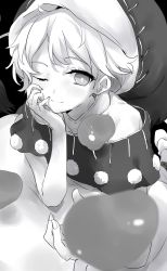 Rule 34 | 1girl, ;), absurdres, arm support, black background, bright pupils, doremy sweet, dream soul, dress, fingernails, greyscale, hat, highres, looking at viewer, make maketan, monochrome, one eye closed, pom pom (clothes), short hair, smile, solo, touhou, upper body