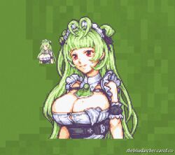 Rule 34 | 1girl, antenna hair, apron, arm cuffs, ascot, breasts, button gap, cleavage, closed mouth, detached collar, double bun, frills, goddess of victory: nikke, green ascot, green hair, hair bun, hair ornament, hair ribbon, hairclip, heart antenna hair, large breasts, long hair, maid, maid apron, maid headdress, mole, mole on breast, pink eyes, pixel art, ribbon, sleeveless, smile, soda (nikke), theblindarcher