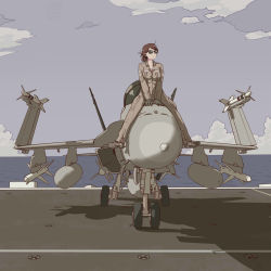 Rule 34 | 1girl, ahoge, aircraft carrier, aviator sunglasses, between legs, breasts, cleavage, cloud, cloudy sky, collarbone, commentary request, etmc1992, f/a-18e super hornet, flight deck, gloves, hair bun, highres, looking away, military, military vehicle, ocean, original, pilot suit, riding, ship, shoes, signature, single hair bun, sky, smile, sneakers, sunglasses, tinted eyewear, warship, watercraft