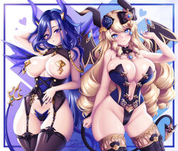 Rule 34 | 2girls, blonde hair, blue eyes, blush, breasts, clorinde (genshin impact), corset, curvy, drill hair, genshin impact, hair ornament, highres, horns, huge breasts, large breasts, leotard, long hair, looking at viewer, multiple girls, nail polish, navel, navia (genshin impact), purple eyes, purple hair, sevie, tail, thick thighs, thighhighs, thighs, wide hips, wings