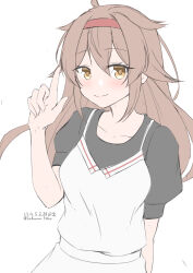 Rule 34 | 1girl, black shirt, brown eyes, brown hair, dated, dress, hair flaps, hairband, highres, index finger raised, kantai collection, looking at viewer, official alternate costume, one-hour drawing challenge, red hairband, saburou hiji, shiratsuyu (kancolle), shiratsuyu kai ni (kancolle), shirt, simple background, smile, solo, twitter username, white background, white dress