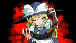 Rule 34 | 1girl, apron, black background, black hat, black skirt, black vest, blonde hair, blush, bow, closed mouth, commentary request, cookie (touhou), cowboy shot, frilled apron, frills, hat, hat bow, highres, intestines, kirisame marisa, long hair, medium bangs, puffy short sleeves, puffy sleeves, red background, red eyes, shirt, short sleeves, skirt, skirt set, smile, solo, star (symbol), suzu (cookie), tonchamon san, touhou, uneven eyes, unusually open eyes, vest, waist apron, white apron, white hat, white shirt, witch hat