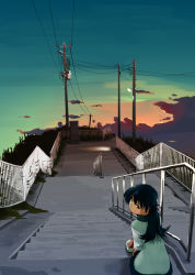 Rule 34 | 1girl, blue hair, cloud, genmai-doublevision, green eyes, highres, long hair, looking back, original, power lines, scenery, sitting, sitting on stairs, sky, solo, stairs, sunset, turtleneck