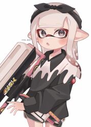Rule 34 | 1girl, :o, artist name, black eyes, black hairband, carbon roller (splatoon), commentary request, cowboy shot, gradient hair, hairband, highres, holding, holding weapon, inkling, inkling girl, inkling player character, long hair, multicolored hair, nintendo, pointy ears, short shorts, shorts, simple background, solo, splatoon (series), splatoon 3, tentacle hair, twitter username, weapon, white background, white hair, yn uo0