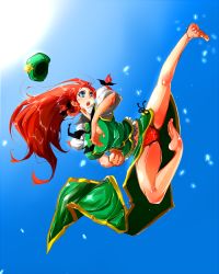 Rule 34 | 1girl, barefoot, braid, breasts, cameltoe, china dress, chinese clothes, day, dress, feet, female focus, flying kick, hat, unworn hat, unworn headwear, hokuto (scichil), hokuto no ken, hong meiling, kicking, large breasts, legs, long hair, outstretched leg, panties, parody, red hair, sky, soles, solo, toes, touhou, twin braids, underwear