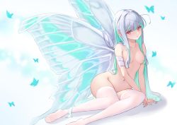 Rule 34 | 1girl, :/, antennae, bandaged arm, bandages, breasts, breasts apart, bug, butterfly, butterfly wings, closed mouth, foot out of frame, full body, green hair, hair over breasts, highres, insect, insect wings, leaning to the side, legs, long hair, looking at viewer, medium breasts, multicolored hair, navel, no shoes, nude, original, red eyes, see-through, see-through legwear, simple background, sitting, solo, straight hair, thighhighs, toes, two-tone hair, white background, white hair, white thighhighs, wings, yokozuwari, yuto (yuto illust 7)
