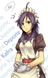 1girl ahoge apron brown_dress character_name closed_mouth collared_dress commentary_request cowboy_shot dress frilled_apron frills gloves inaba515 kafra_uniform long_hair looking_at_viewer maid maid_headdress pavianne_(ragnarok_online) puffy_short_sleeves puffy_sleeves purple_hair ragnarok_online red_sash sash short_sleeves signature smile solo swept_bangs white_apron white_background white_gloves