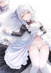 Rule 34 | 1girl, akie (44265104), apron, black dress, blush, book, book stack, clothes lift, commentary request, dress, dress lift, flower, frilled apron, frills, garter straps, grey hair, hair between eyes, hair ribbon, highres, holding, holding petal, long hair, long sleeves, looking at viewer, lying, maid, maid apron, maid headdress, navel, on back, original, panties, parted lips, petals, puffy long sleeves, puffy sleeves, red ribbon, ribbon, sidelocks, solo, thighhighs, twintails, underwear, very long hair, white flower, white panties, white thighhighs, yellow eyes