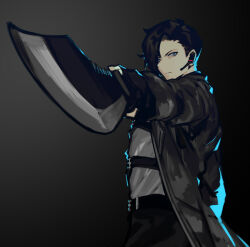 Rule 34 | 1boy, angry, belt, black belt, black coat, black hair, black pants, blue eyes, chest harness, closed mouth, coat, combat knife, earpiece, grey shirt, harness, knife, library of ruina, liwei (project moon), looking at viewer, male focus, microphone, nishikujic, pants, project moon, shirt, solo, weapon