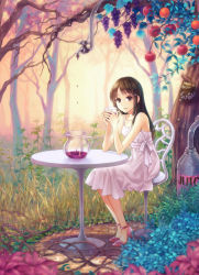 Rule 34 | 1girl, apple, brown eyes, brown hair, chair, cup, dress, dripping, faucet, food, fruit, high heels, highres, holding, jug (bottle), juice, long hair, looking at viewer, original, shoes, sitting, smile, solo, sundress, table, tree, yamigo