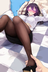 Rule 34 | 1girl, absurdres, ahoge, bed, beifeng han, black footwear, black skirt, blush, breasts, closed mouth, drunk, feet, frown, glowing, glowing eye, hair between eyes, hand on own stomach, hands on feet, highres, large breasts, legs up, long hair, long sleeves, lying, miyaura sanshio, nose blush, on back, on bed, original, pantyhose, pencil skirt, pillow, purple eyes, purple hair, shirt, shoes, skirt, solo focus, stuffed animal, stuffed dolphin, stuffed toy, white shirt