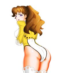 Rule 34 | 00s, 1girl, artist request, ass, back, bodysuit, boots, breasts, brown hair, curvy, female focus, gloves, grabbing, highleg, highleg leotard, highres, huge ass, large breasts, leotard, looking away, looking back, momozono momoko, shinkon gattai godannar!!, simple background, solo, sweat, white background