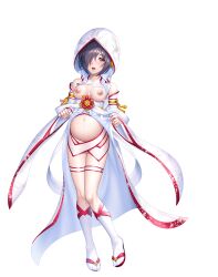 Rule 34 | 1girl, action taimanin, dress, full body, hair over one eye, highres, japanese clothes, lilith-soft, navel, nipples, official alternate costume, official art, pregnant, purple eyes, sano toshihide, shishimura koro, short hair, simple background, solo, standing, stomach, taimanin (series), taimanin asagi, taimanin rpgx, wedding dress, white background