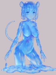 Rule 34 | 1girl, animal ears, blue eyes, blue hair, blue skin, blush, breasts, closed mouth, collarbone, colored skin, core, gluteal fold, grey background, hekirake, highres, looking at viewer, medium breasts, monster girl, mouse ears, mouse tail, navel, no nipples, nude, original, simple background, slime girl, smile, solo, tail