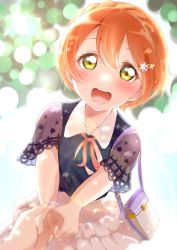 Rule 34 | 1girl, alternate hairstyle, artist name, artist request, bag, bap! (love live!), bare shoulders, blue dress, blush, bow, bowtie, bracelet, braid, breasts, collarbone, crown, crown braid, dress, dress shirt, female focus, flower, green eyes, hair between eyes, hair flower, hair ornament, hairclip, handbag, highres, holding, holding hands, hoshizora rin, jewelry, looking at viewer, love live!, love live! school idol festival, love live! school idol festival all stars, love live! school idol project, miniskirt, orange hair, parted lips, pink bow, pink ribbon, plaid, plaid dress, plaid skirt, pleated, pleated dress, pleated skirt, ribbon, see-through, see-through sleeves, shirt, short hair, short sleeves, shoulder bag, skirt, small breasts, smile, solo, white skirt, yellow eyes