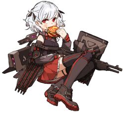 Rule 34 | 1girl, ammunition, amonitto, black gloves, black shirt, black thighhighs, boots, bow, bowtie, breasts, brown footwear, burger, collared shirt, detached sleeves, dinergate (girls&#039; frontline), dual-mode shotgun, eating, food, food on face, full body, girls&#039; frontline, gloves, gun, hair bow, holding, holding food, holding gun, holding weapon, knee pads, light blush, looking at viewer, pump-action shotgun, pump action, red eyes, red skirt, semi-automatic shotgun, shirt, short hair, shotgun, shotgun shell, simple background, single glove, skirt, sleeveless, sleeveless shirt, small breasts, solo, spas-12, spas-12 (girls&#039; frontline), thigh strap, thighhighs, twintails, weapon, white background, white hair