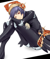 Rule 34 | 1girl, android, atlus, black hair, doll joints, female focus, joints, metis (persona), monocoque, persona, persona 3, red eyes, short hair, sitting, smile, solo, white background