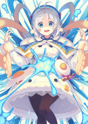 Rule 34 | .live, 1girl, ahoge, antenna hair, black pantyhose, blue capelet, blue eyes, blush, bow, broken egg, buttons, capelet, coat, double-breasted, dress, egg (food), fingernails, food, fried egg, fur-trimmed coat, fur-trimmed dress, fur-trimmed sleeves, fur trim, highres, long sleeves, looking at viewer, open mouth, pantyhose, pink bow, round teeth, shaded face, short hair, silver hair, dennou shoujo siro, smile, standing, tam-u, teeth, virtual youtuber, white dress, winter clothes