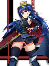 Rule 34 | 1girl, alternate breast size, arm warmers, armor, armpits, ass, bad id, bad pixiv id, blue eyes, blue footwear, blue gloves, blue hair, blue thighhighs, boots, breasts, covered erect nipples, cowboy shot, crown, falchion (fire emblem), fingerless gloves, fire emblem, gloves, gluteal fold, highres, kawahagi-tei, kawahagitei, large breasts, legs, long hair, looking at viewer, lucina (fire emblem), mario (series), marth (fire emblem), miniskirt, new super mario bros. u deluxe, nintendo, no panties, pleated skirt, scabbard, scowl, sheath, shoulder armor, skindentation, skirt, solo, super crown, super smash bros., sword, thigh boots, thighhighs, tiara, unsheathed, weapon, zettai ryouiki