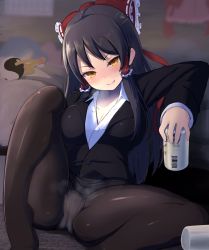 Rule 34 | 1girl, :d, absurdres, alcohol, alternate costume, beer, beer can, black jacket, blush, bow, breasts, brown hair, brown pantyhose, business suit, buttons, can, cleavage, collarbone, cookie (touhou), drink can, drunk, eyelashes, formal, frilled bow, frilled hair tubes, frills, grin, hair bow, hair tubes, hakurei reimu, highres, jacket, knee up, large breasts, long hair, long sleeves, looking at viewer, miniskirt, naughty face, onakon 3-nichi-me, open mouth, panties, panties under pantyhose, pantyhose, red bow, sananana (cookie), shirt, sidelocks, sitting, skirt, smile, solo, spread legs, steam, suit, touhou, unbuttoned, unbuttoned shirt, underwear, yellow eyes